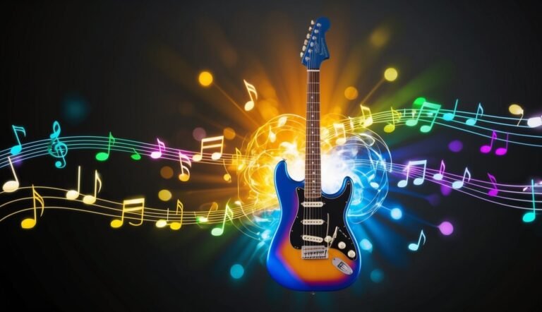 Electric guitar with musical notes and colorful light bursts on black background