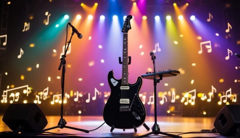 Black electric guitar on stage with microphones and musical notes