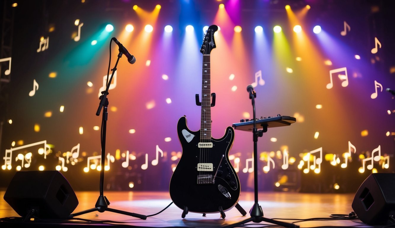 Black electric guitar on stage with microphones and musical notes