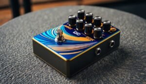 Blue and gold guitar effects pedal with knobs and footswitch on table