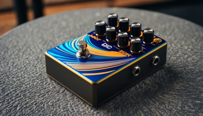 Blue and gold guitar effects pedal with knobs and footswitch on table