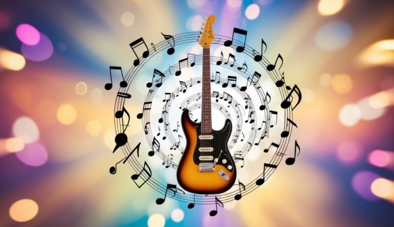 Electric guitar surrounded by musical notes on a colorful bokeh background