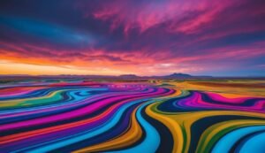 Colorful, swirling landscape under a vibrant sunset sky with mountains in the distance
