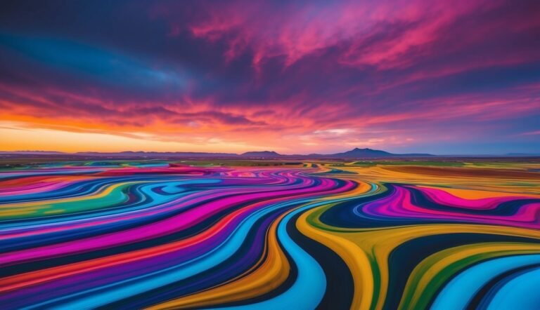 Colorful, swirling landscape under a vibrant sunset sky with mountains in the distance