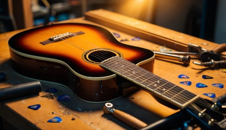 Acoustic guitar on a workbench with tools and guitar picks scattered around