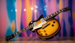 Sunburst electric guitar with black top, against a colorful blurred background