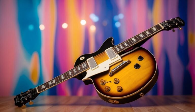 Sunburst electric guitar with black top, against a colorful blurred background