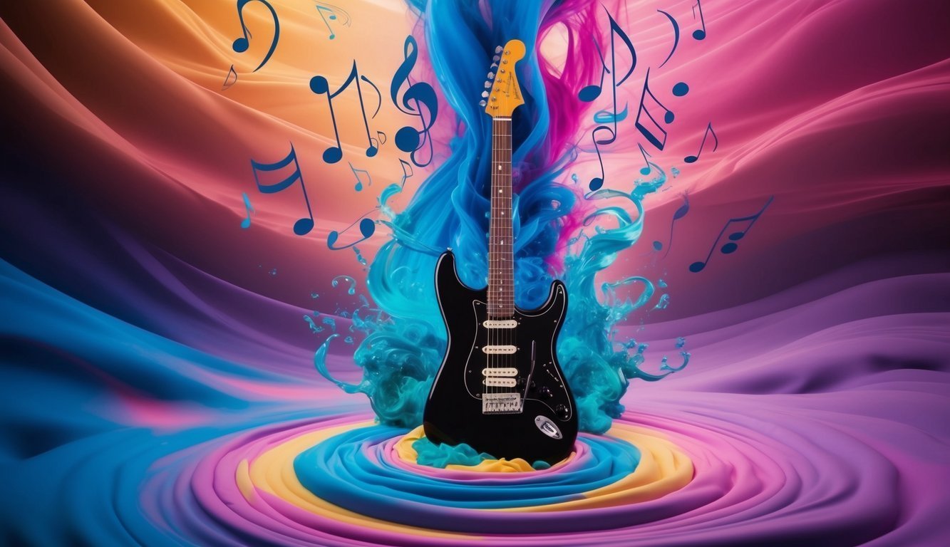 Black electric guitar with musical notes and colorful abstract background