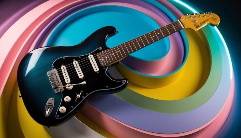 Electric guitar with blue and black finish on colorful, swirling background