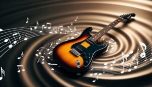 Electric guitar with musical notes on a swirling brown background