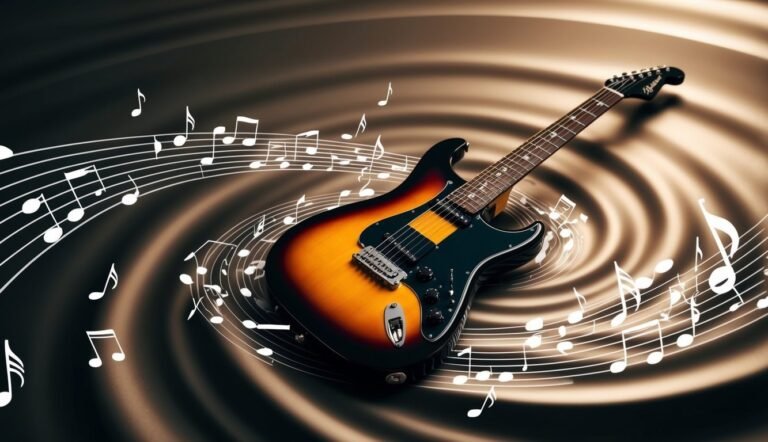 Electric guitar with musical notes on a swirling brown background