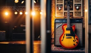 Electric guitar leaning against an amplifier on a stage, lit by spotlights