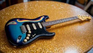 Blue electric guitar with rainbow design on a gold glitter table