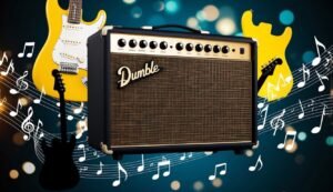 Guitar amplifier with guitars and musical notes on a blue background