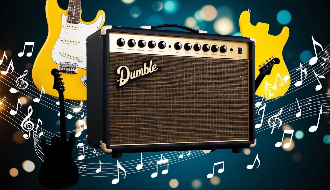Guitar amplifier with guitars and musical notes on a blue background
