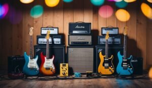 Electric guitars, amplifiers, and effects pedals set up on a wooden floor
