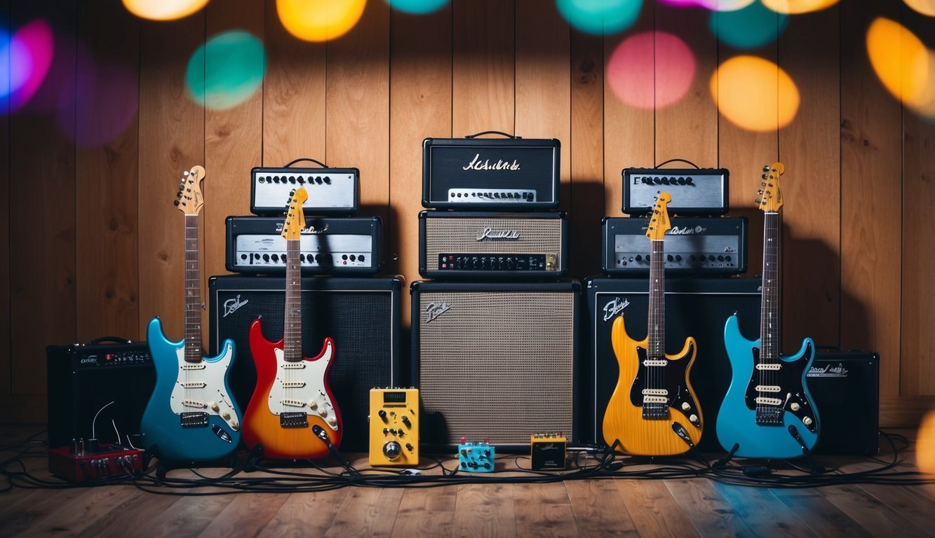 Electric guitars, amplifiers, and effects pedals set up on a wooden floor