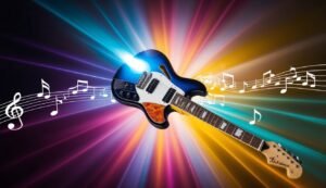 Blue electric guitar with musical notes and colorful light burst background