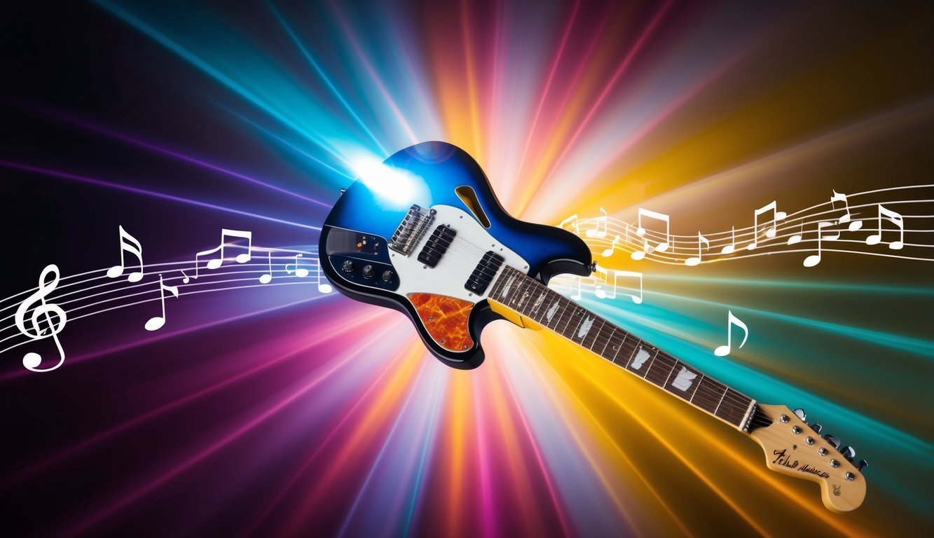 Blue electric guitar with musical notes and colorful light burst background