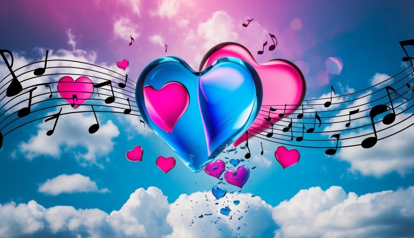 Two large hearts with smaller hearts, musical notes, and a sky background