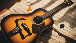 Acoustic guitar on sheet music with heart-shaped picks, lit by sunlight