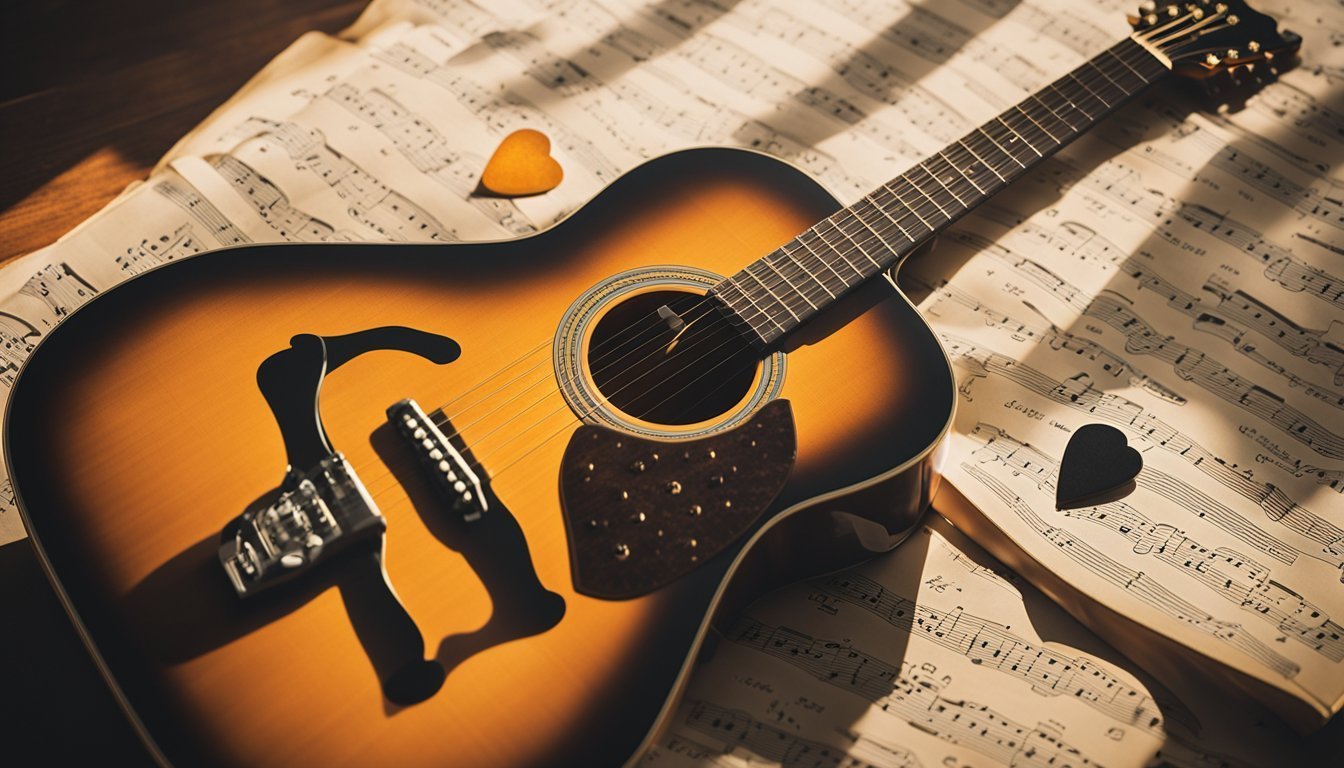 Acoustic guitar on sheet music with heart-shaped picks, lit by sunlight