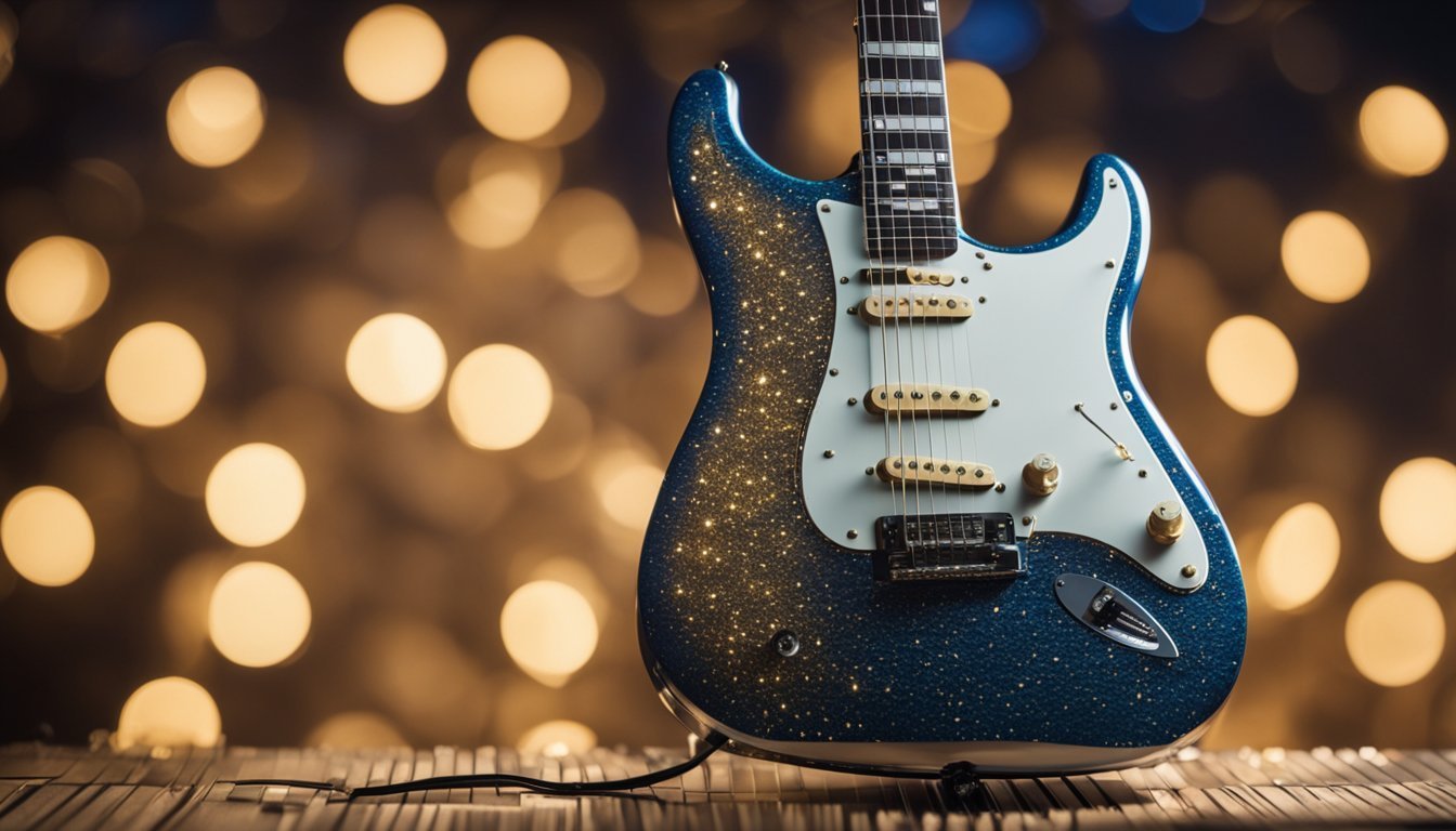Blue glitter electric guitar on a keyboard with bokeh background