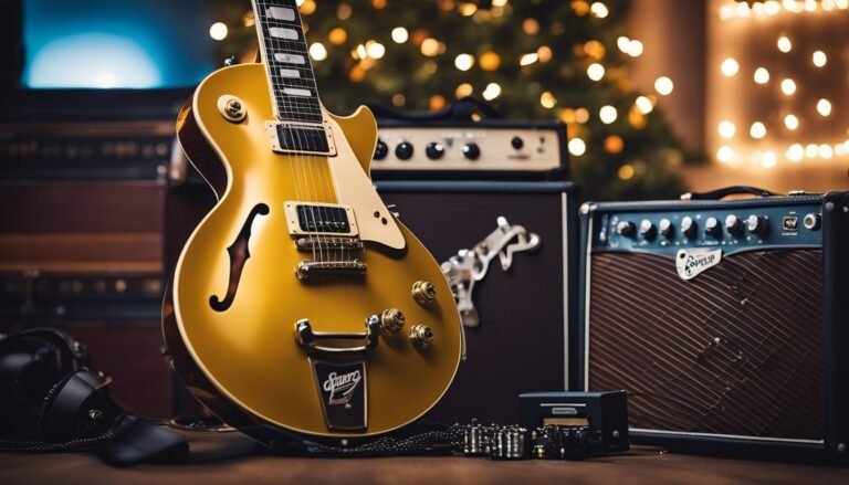 Gold electric guitar, amplifiers, and Christmas lights in a warm setting