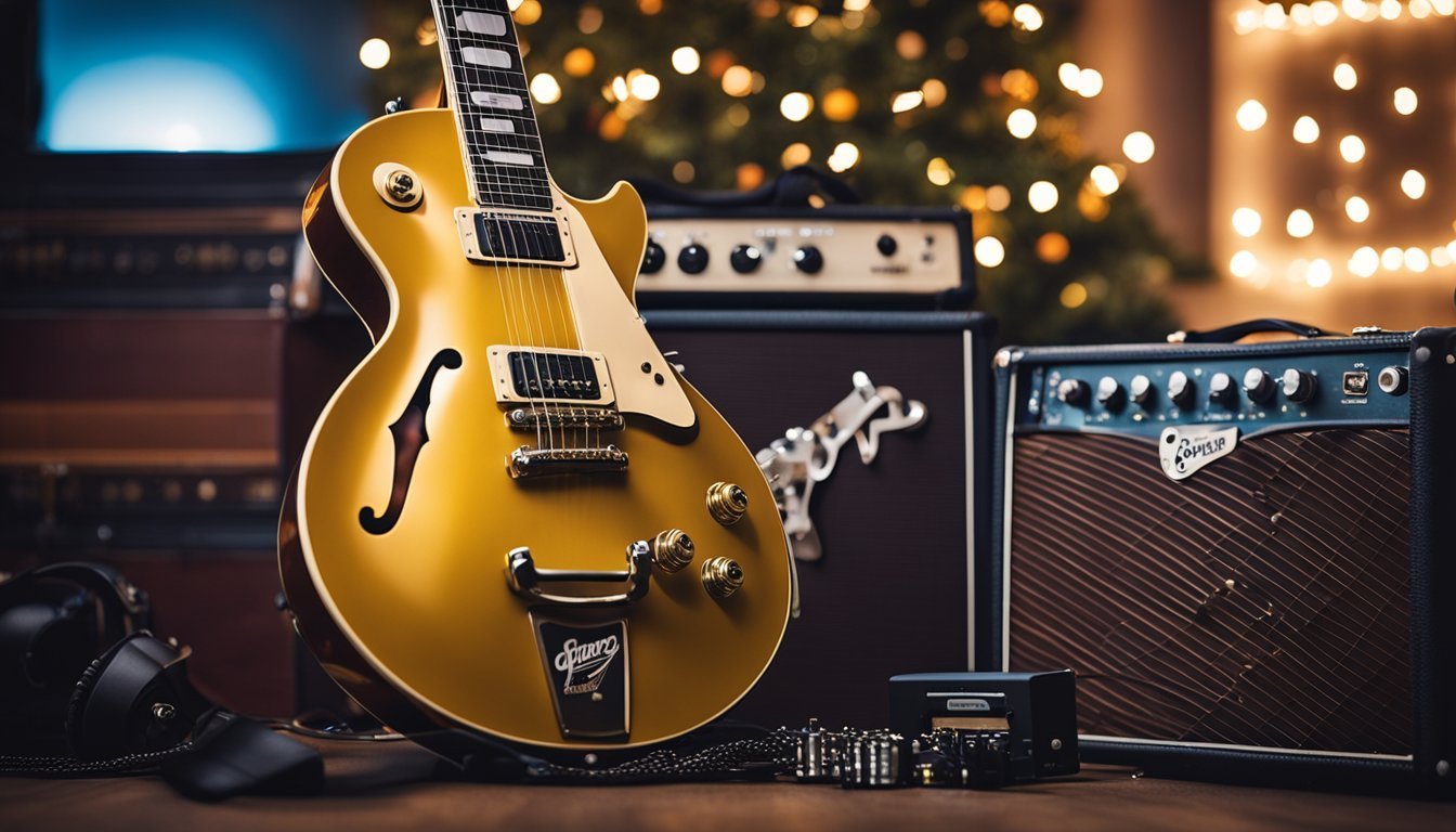 Gold electric guitar, amplifiers, and Christmas lights in a warm setting