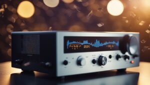 Silver audio receiver with blue display, knobs, and a dark background
