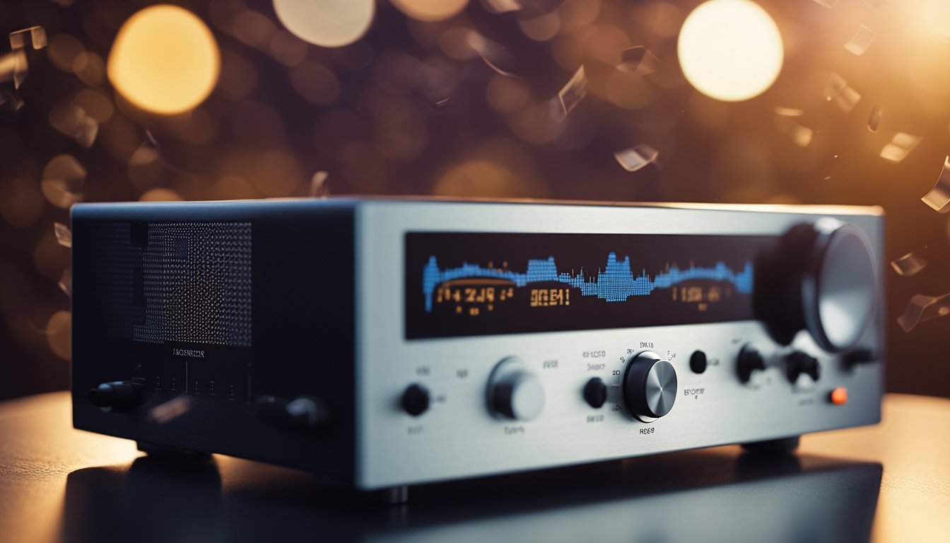 Silver audio receiver with blue display, knobs, and a dark background