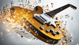Golden electric guitar with musical notes floating around it