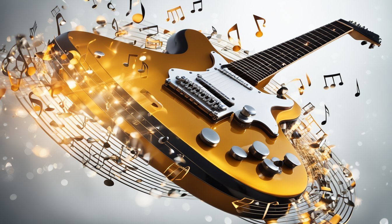 Golden electric guitar with musical notes floating around it