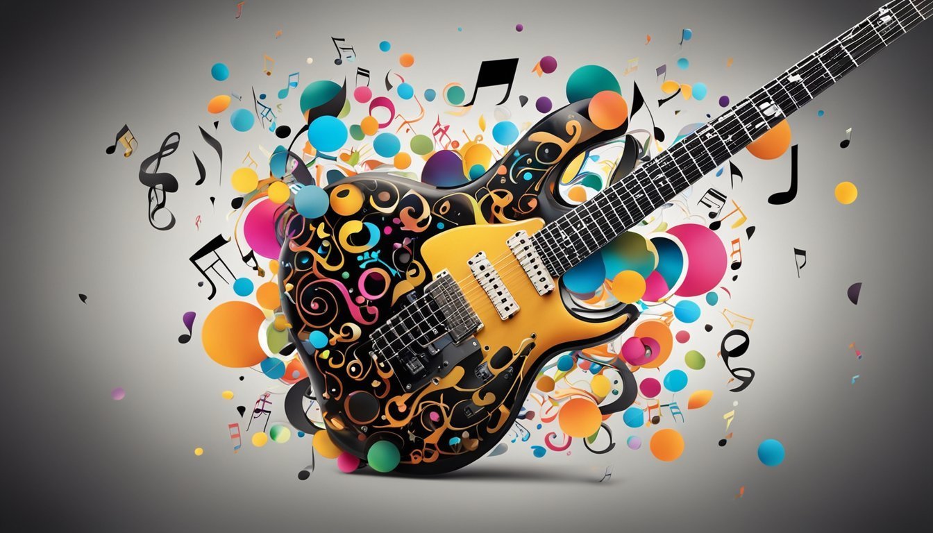 Electric guitar with colorful swirls and musical notes floating around