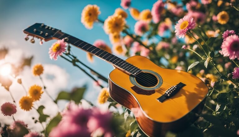 Acoustic guitar among pink and yellow flowers against a blue sky