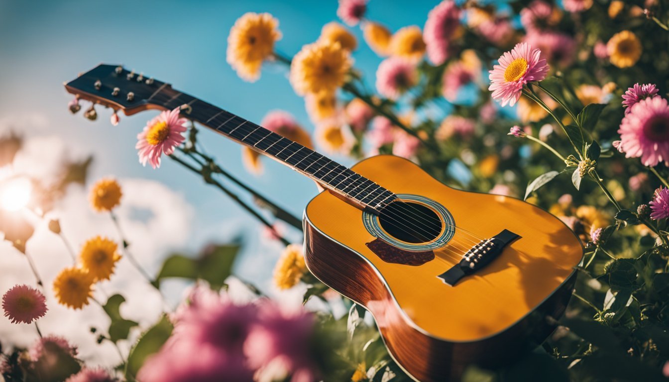 Acoustic guitar among pink and yellow flowers against a blue sky