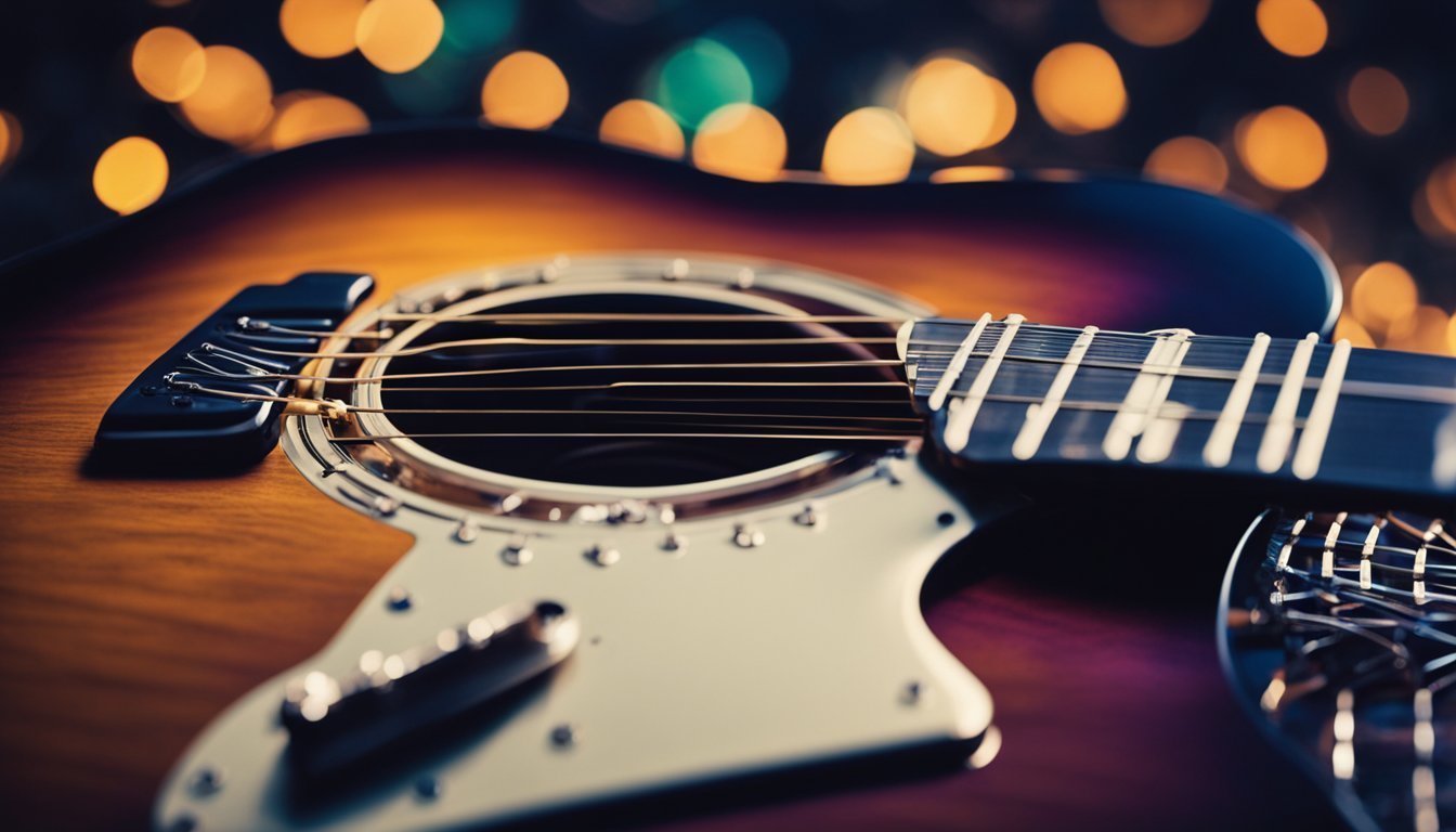 Close-up of an acoustic guitar with strings, warm lighting in the background