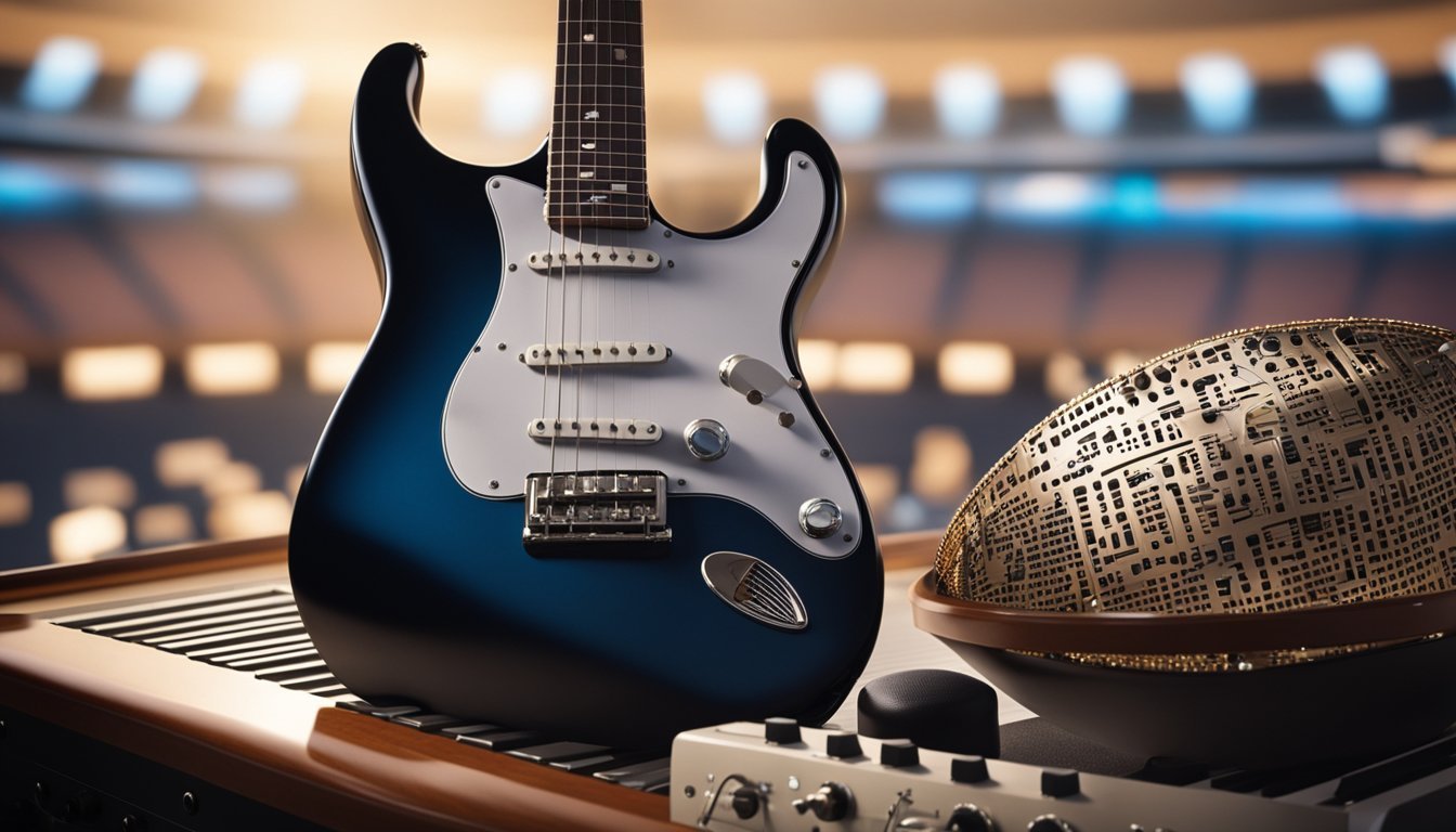 Blue electric guitar, golden globe, and keyboard on a wooden surface
