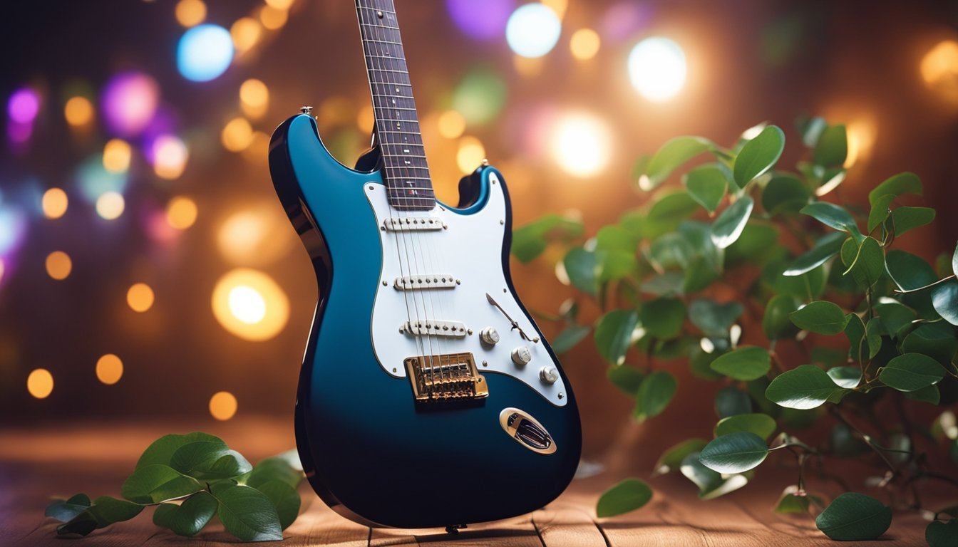 Blue electric guitar with white pickguard, plant, and bokeh lights