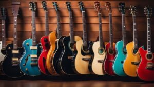 A row of colorful guitars leaning against a wood-paneled wall