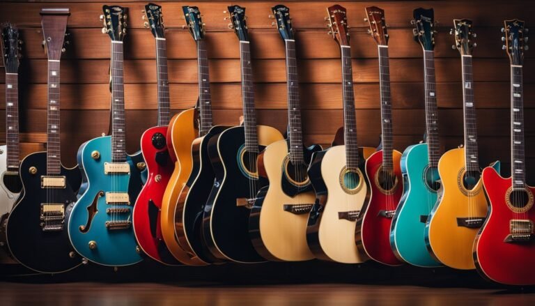 A row of colorful guitars leaning against a wood-paneled wall