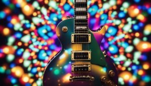Electric guitar with a colorful, blurred background of lights
