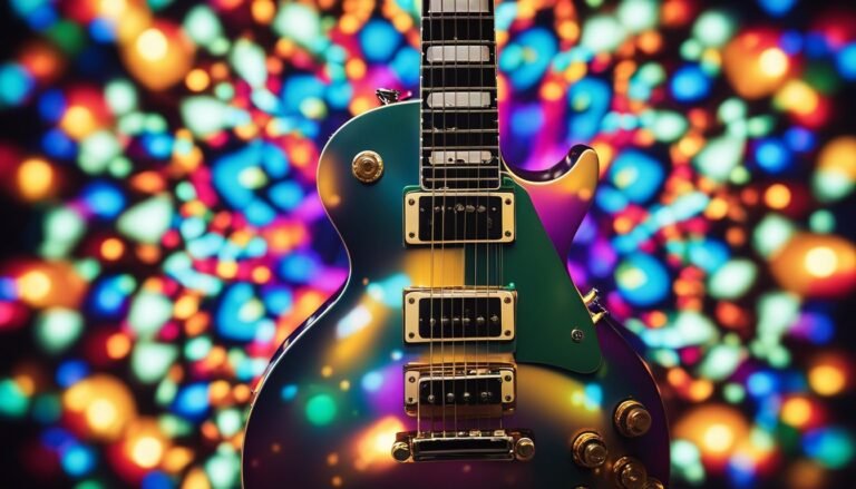 Electric guitar with a colorful, blurred background of lights