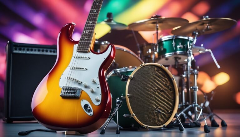 Electric guitar, drum set, and amplifier on a colorful stage background