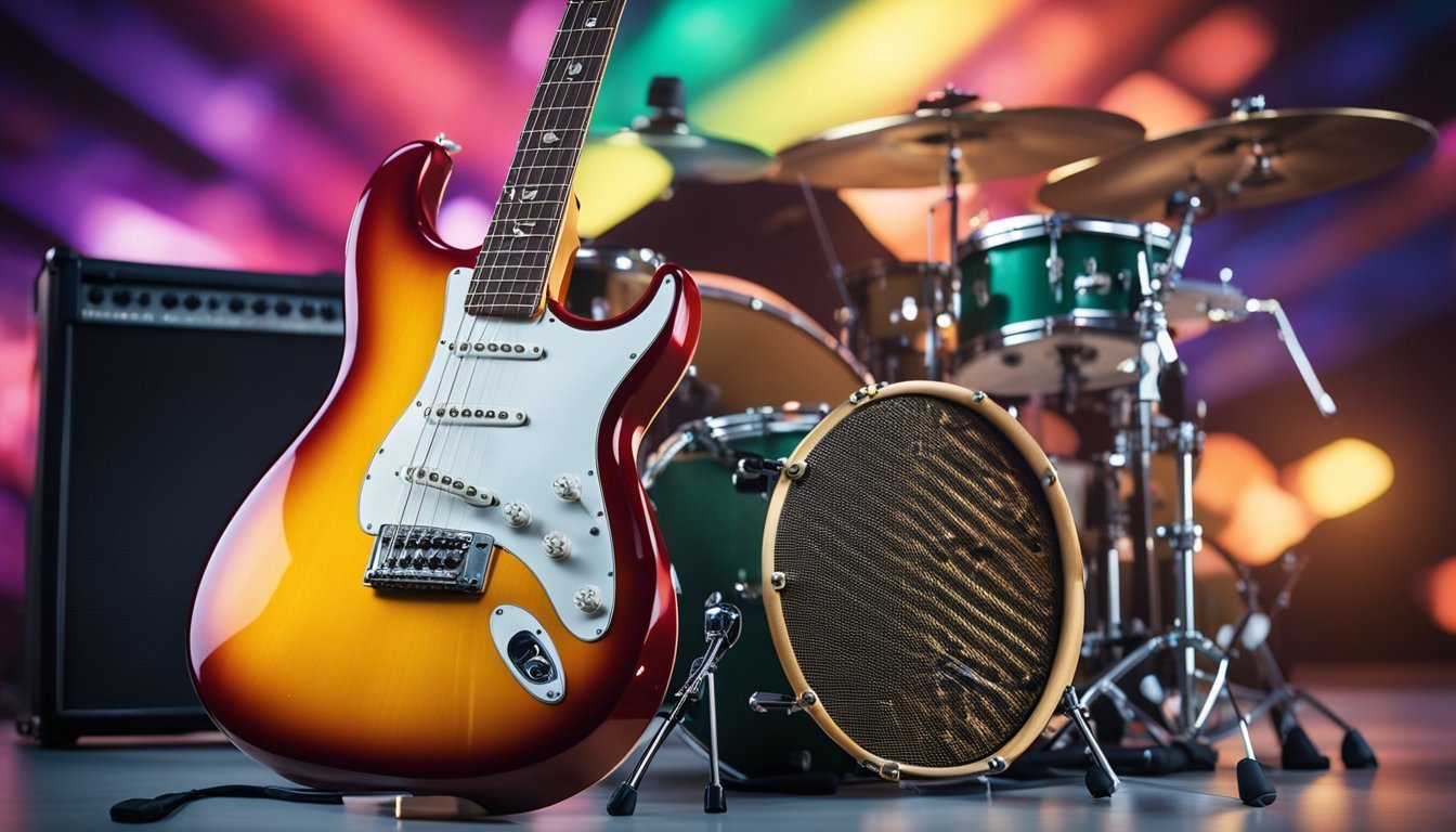 Electric guitar, drum set, and amplifier on a colorful stage background