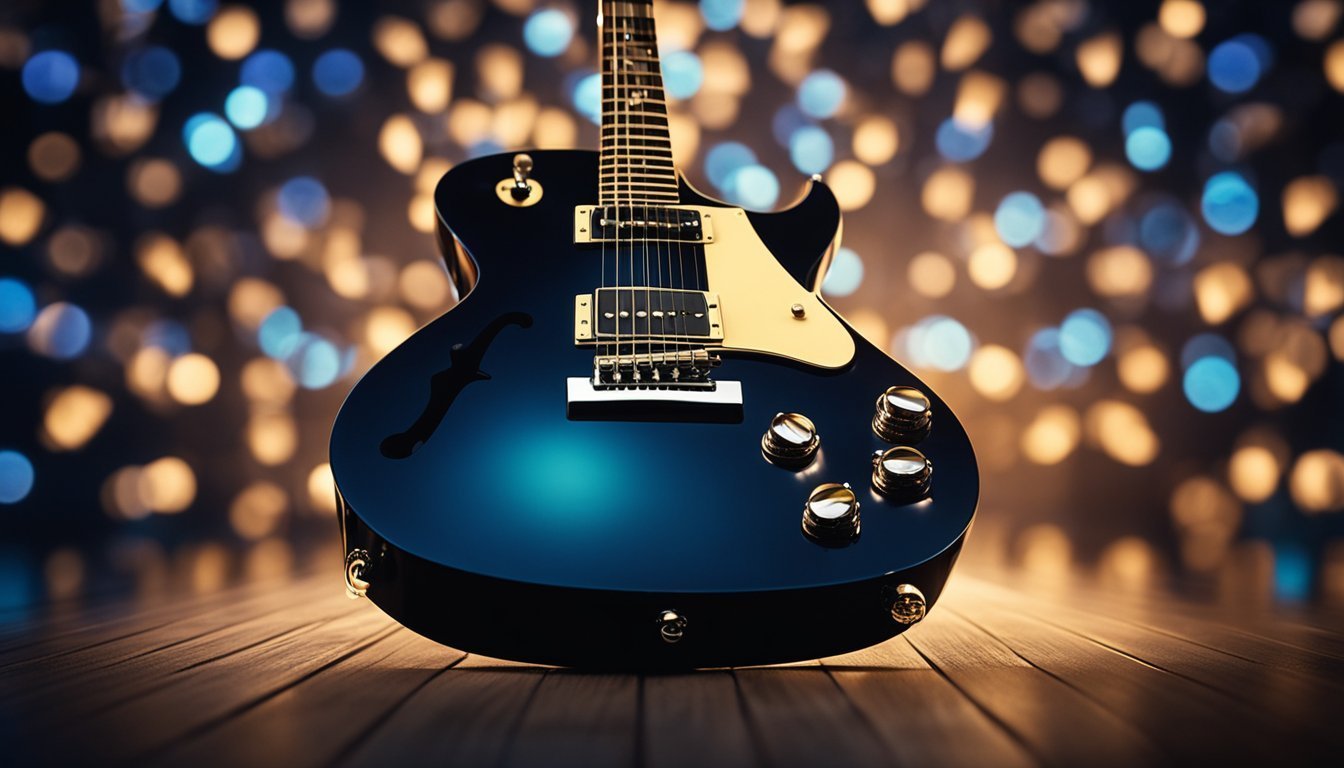 Blue electric guitar on wooden stage with bokeh background
