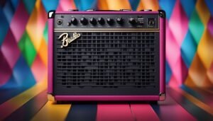Pink and black guitar amplifier with gold logo and colorful background