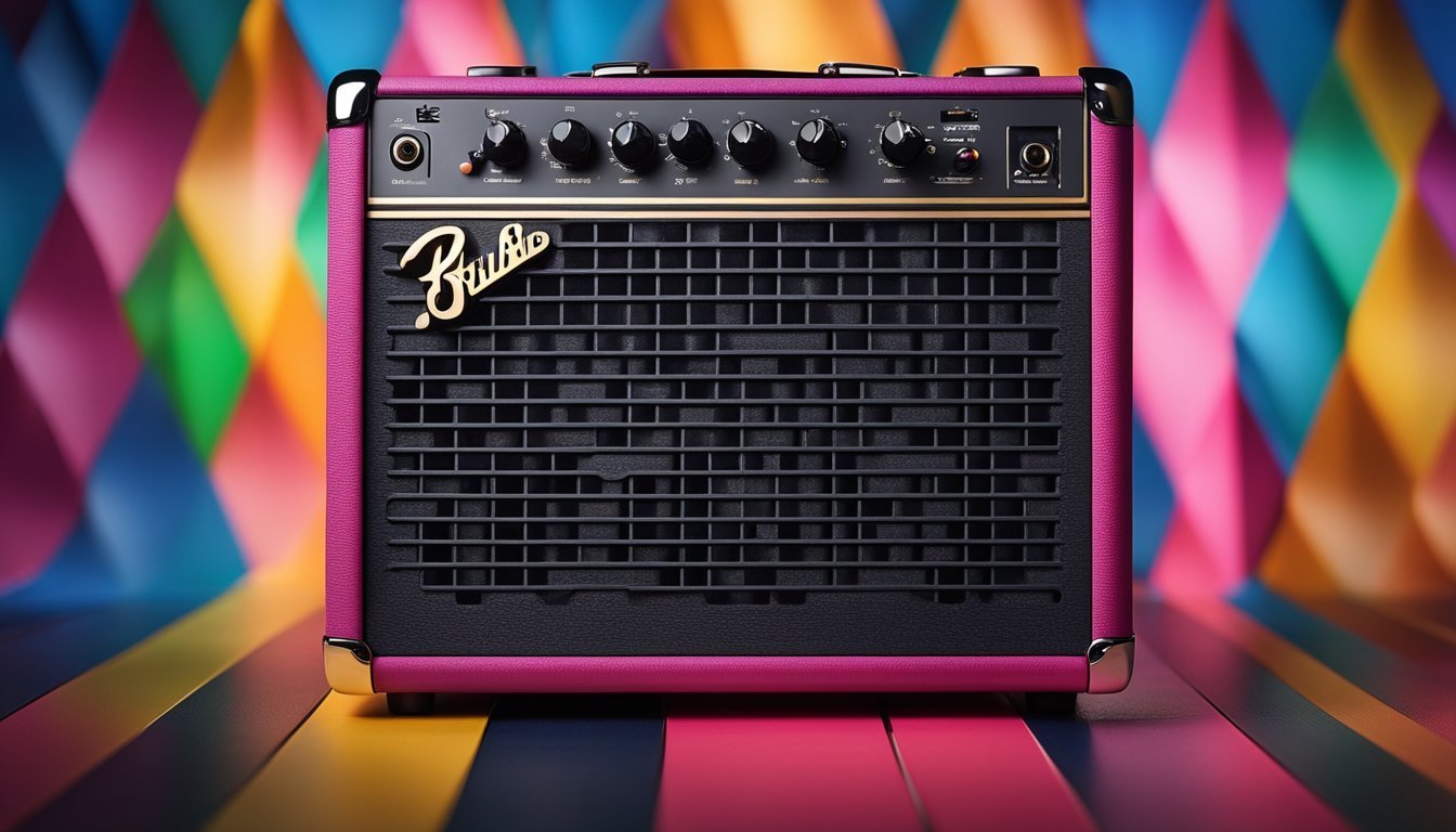 Pink and black guitar amplifier with gold logo and colorful background