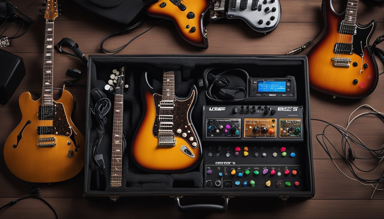 Electric guitars, effects pedals, and equipment case on a wooden surface