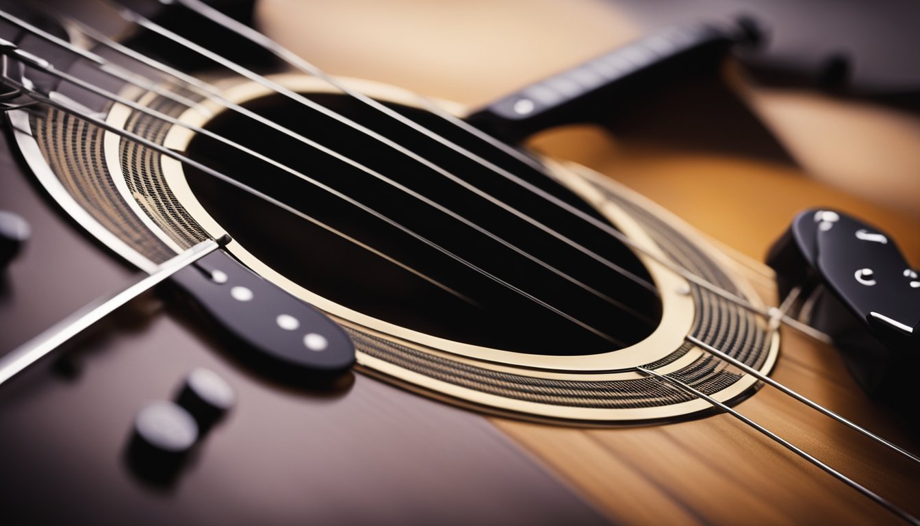Close-up of an acoustic guitar, showing strings, sound hole, and body details